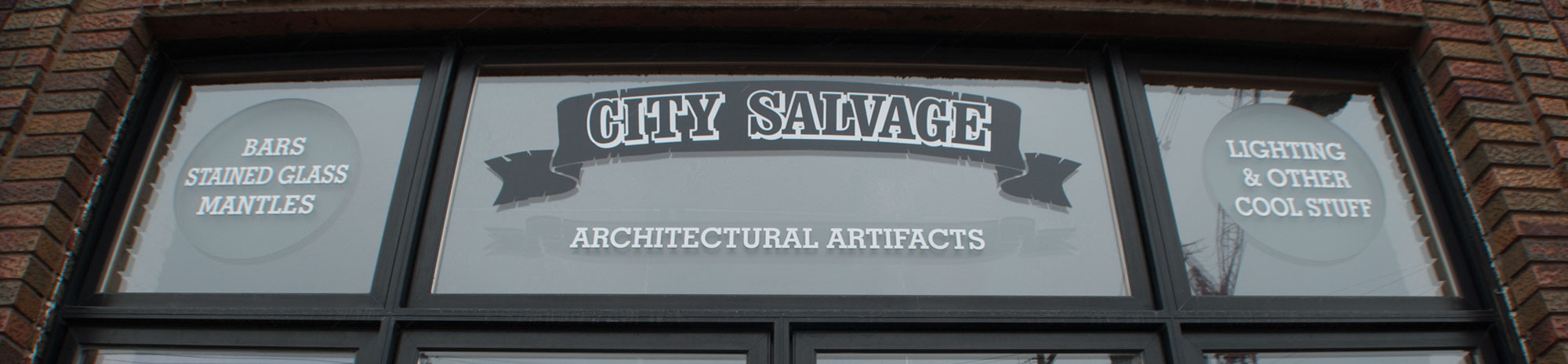 Front window of the City Salvage showroom in Minneapolis, Minnesota.